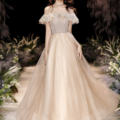 Sparkling champagne tulle sequins prom dress