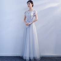 Gray tulle lace long prom dress evening dress - Thumbnail 1