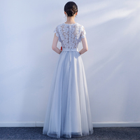 Gray tulle lace long prom dress evening dress - Thumbnail 3