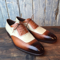Handmade Men's 2 Tone Brown Beige Leather Shoes, Men Brogue Lace Up Dress Shoes - Thumbnail 1