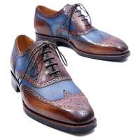 Men's blue & brown wing tip lace up leather shoes Men Dress Brogue Leather Shoe - Thumbnail 3