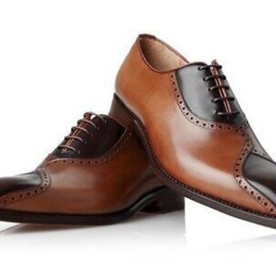 Men's handmade tan & black leather lace up brogue shoes, custom made men shoes