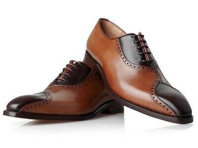 Men's Handmade Tan & Black Leather Lace up Brogue Shoes, Custom Made men Shoes