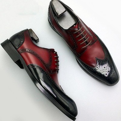 Handmade men's black burgundy leather wing tip brogue shoes, men designer shoes