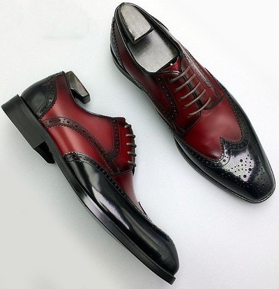 Handmade Men's Black Burgundy Leather Wing Tip Brogue Shoes, Men Designer Shoes