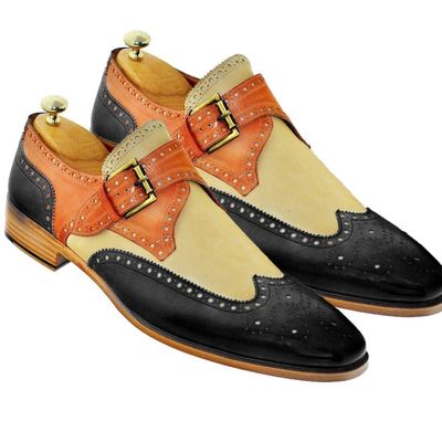 Handmade men's single monk strap tan, black & beige wing tip dress leather shoes