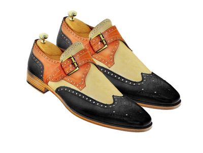 Handmade Men's Single Monk Strap Tan, Black & Beige Wing Tip Dress Leather Shoes