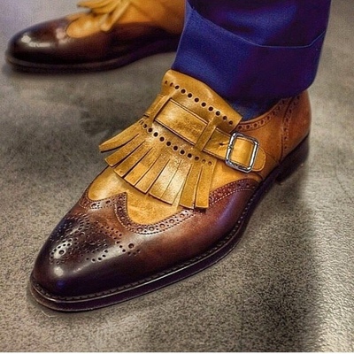 Handmade men's wing tip brogue shoes, men brown fringe leather monk strap shoes