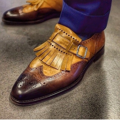 Handmade Men's Wing Tip Brogue Shoes, Men Brown Fringe Leather Monk Strap Shoes