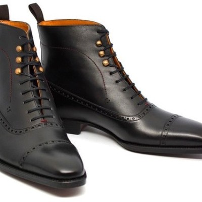 Handmade men's ankle high boot, men black leather cap toe lace up casual boots - Thumbnail 2