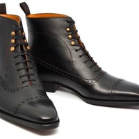 Handmade Men's Ankle High Boot, Men Black Leather Cap Toe Lace Up Casual Boots - Thumbnail 4