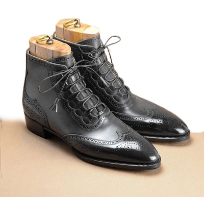 Handmade Men’s Ankle High Leather WingTip Brogue Boot, Men’s Black Designer Boot
