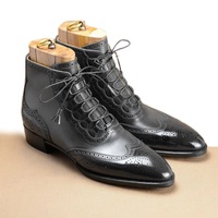 Handmade Men’s Ankle High Leather WingTip Brogue Boot, Men’s Black Designer Boot - Thumbnail 4
