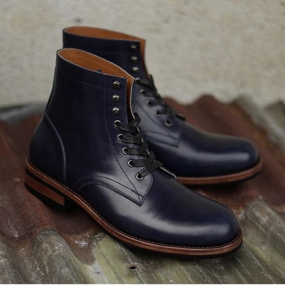 Handmade men’s ankle high leather boots, men’s navy blue derby lace up boot - Thumbnail 2
