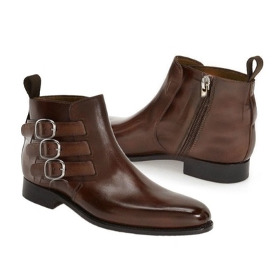 Handmade men’s brown leather boots, men triple monk strap side zipper dress boot - Thumbnail 4