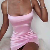 Pink Solid Color Sling Sleeveless Dress - Thumbnail 1