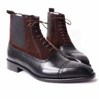 Men's Handmade Brown Leather Suede Lace Up Boots, Men Cap Toe Brogue Dress Boots - Thumbnail 1