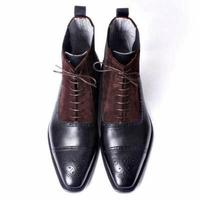 Men's Handmade Brown Leather Suede Lace Up Boots, Men Cap Toe Brogue Dress Boots - Thumbnail 2