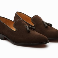 Handmade Dark Brown Suede Loafer Slippers, Men's Tassel Moccasin Dress Shoes - Thumbnail 1