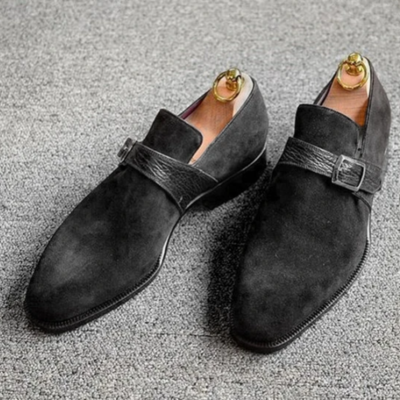 Handmade mens formal black suede monk shoes, black suede buckle dress shoes