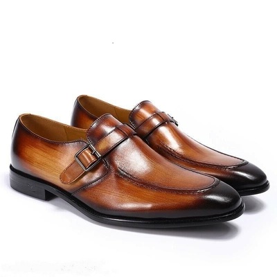 Mens handmade brown burnished monk toe single buckle strap formal leather shoes