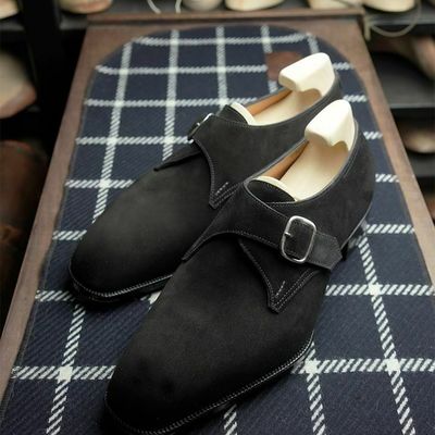 Handmade men square toe dress shoes, men black suede buckle business shoes