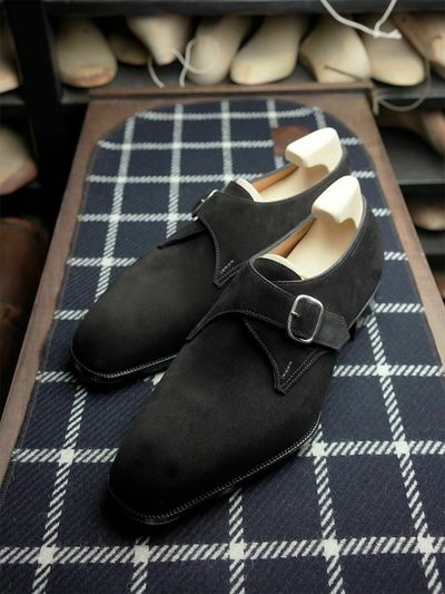 Handmade Men Square toe dress shoes, Men black suede buckle business shoes