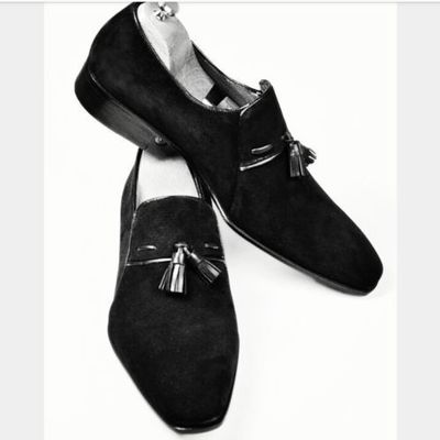 Mens handmade shoes black pure suede leather tassel moccasins formal dress boots