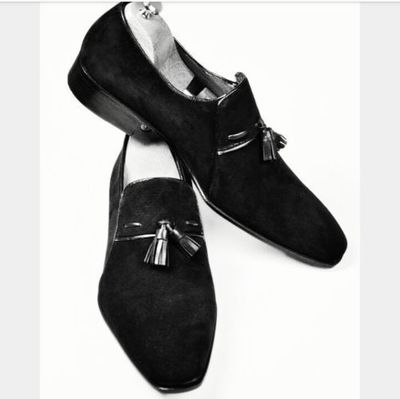 Mens Handmade Shoes Black Pure Suede Leather Tassel Moccasins Formal Dress Boots