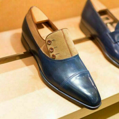 Handmade Men two tone button shoes, Men formal shoes, Blue Dress shoes for men