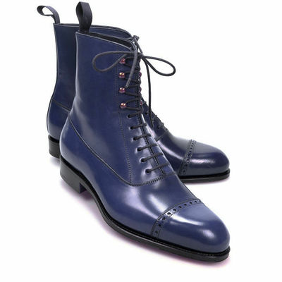  men handmade blue leather cap toe boots formal brogue lace up shoes - Thumbnail 4