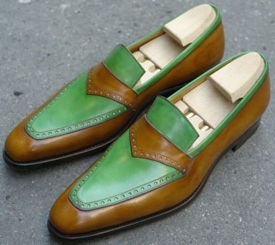 Mens Handmade Shoes Tow Tone Brown Green Pure Leather Formal Loafer Casual Boots