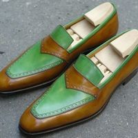 Mens Handmade Shoes Tow Tone Brown Green Pure Leather Formal Loafer Casual Boots - Thumbnail 1