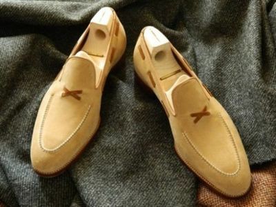 Mens Handmade Formal Shoes Camel Pure Suede Leather Tassel Moccasins Dress Boots