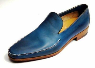 Mens Formal Handmade Shoes Blue Pure Leather Moccasin Slip On Casual Dress Boots