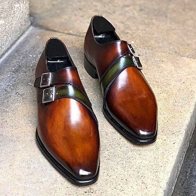 New men's handmade tan brown double monk leather shoes, men dress buckle shoes