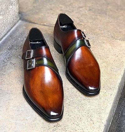 New Men's Handmade Tan Brown Double Monk Leather Shoes, Men Dress Buckle Shoes