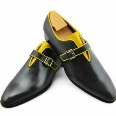Mens handmade shoes black shiny leather monk slip on formal dress casual boots