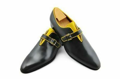 Mens Handmade Shoes Black Shiny Leather Monk Slip On Formal Dress Casual Boots