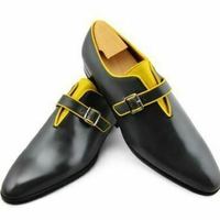 Mens Handmade Shoes Black Shiny Leather Monk Slip On Formal Dress Casual Boots - Thumbnail 1