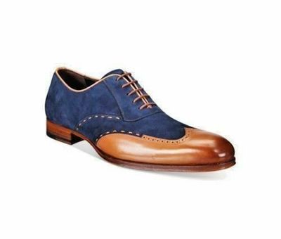 Mens Formal Shoes Handmade Two Tone Tan Leather Blue Suede Dress Brogue Boot NEW