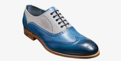 Mens Handmade Shoes Bespoke Two Tone Blue Leather Grey Suede Oxford Wingtip Boot