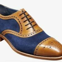 Mens Handmade Shoes Bespoke Two Tone Tan Leather Blue Suede Oxford Wingtip Boots - Thumbnail 1