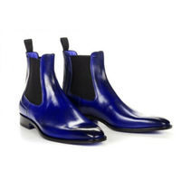 High Ankle Blue Chelsea Jumper Slip On Genuine Leather Handmade Boots - Thumbnail 1