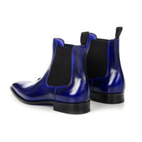 High Ankle Blue Chelsea Jumper Slip On Genuine Leather Handmade Boots - Thumbnail 2