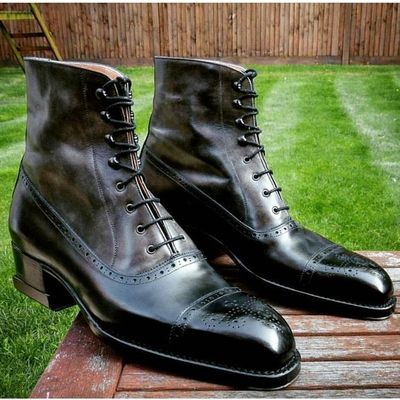 Men handmade black leather cap toe boots formal brogue lace up shoes - Thumbnail 4