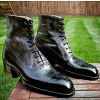 Men Handmade Black Leather Cap Toe Boots Formal Brogue Lace Up Shoes - Thumbnail 4