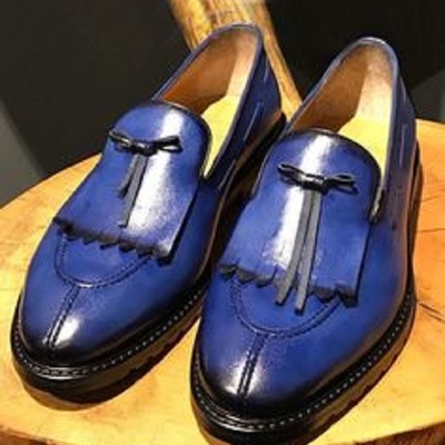Men's blue color burnished split toe loafer slip on party wear leather shoes