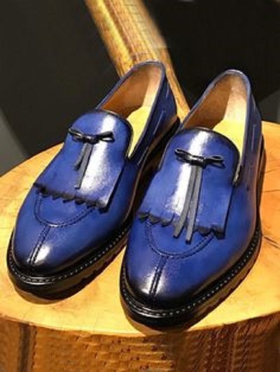 Men's Blue Color Burnished Split Toe Loafer Slip On Party Wear Leather Shoes