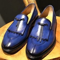 Men's Blue Color Burnished Split Toe Loafer Slip On Party Wear Leather Shoes - Thumbnail 1